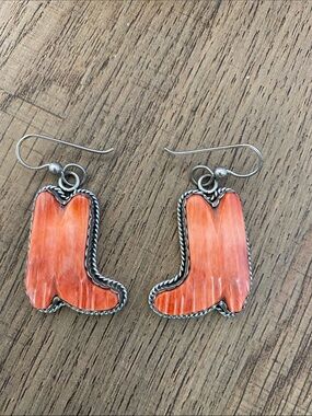 Joan Slifka Sterling Orange Spiny Oyster Cowgirl Boots Dangle Earrings Handmade
